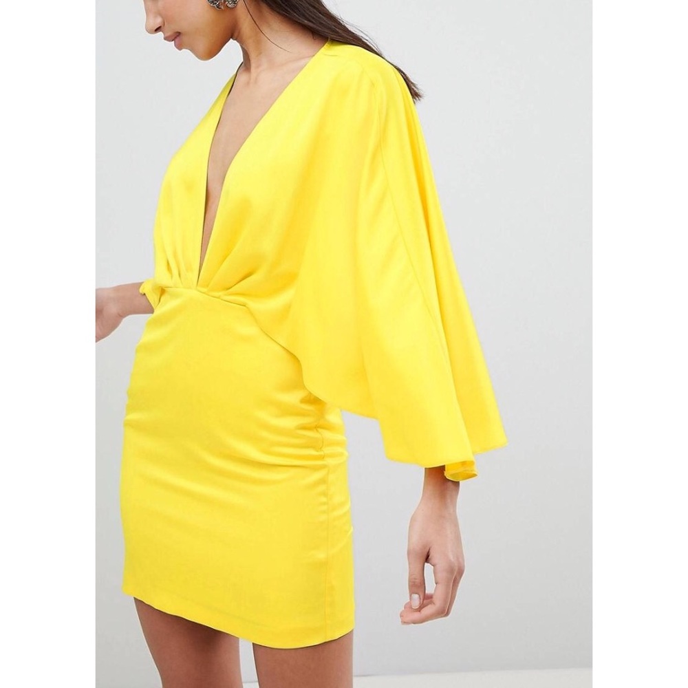 Satin Kimono Sleeve Deep Plunge Mini Dress